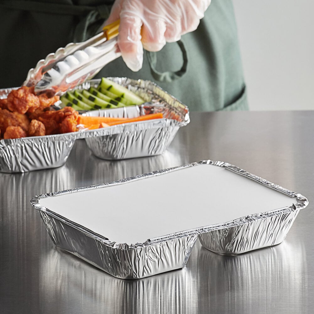Choice 8.5" x 6.375" 3-Compartment Oblong Foil Take-Out Tray with Board Lid - 250/Case