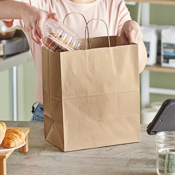 Duro Bistro Natural Kraft Paper Shopping Bag with Handles 10" x 6 3/4" x 12" - 250/Bundle