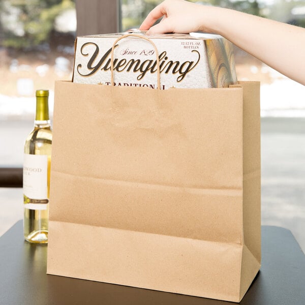 Duro Jr. Mart Natural Kraft Paper Shopping Bag with Handles 13" x 7" x 13" - 250/Bundle