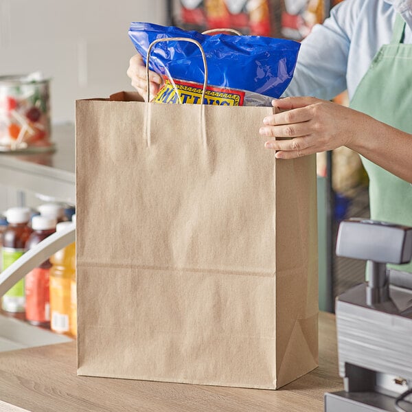 Duro Mart Natural Kraft Paper Shopping Bag with Handles 13" x 7" x 17" - 250/Bundle