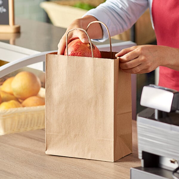 Duro Tempo 8" x 4 1/2" x 10 1/4" Natural Kraft Shopping Bag with Handles - 250/Bundle