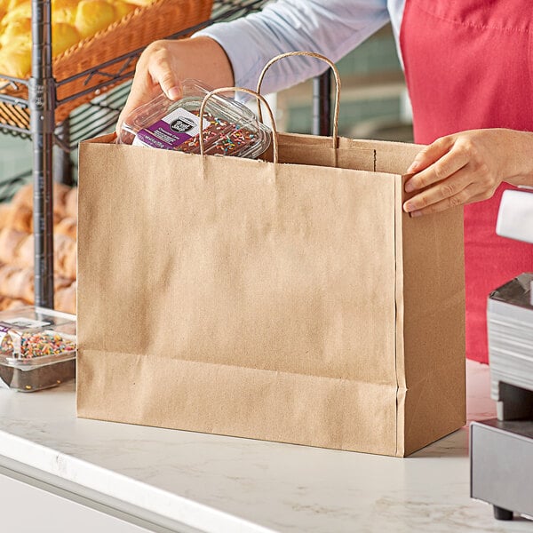 Duro Tote Natural Kraft Paper Shopping Bag with Handles 16" x 6" x 12" - 250/Bundle