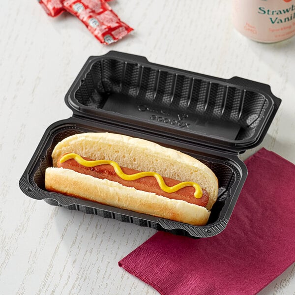 Ecopax 7 1/2" x 3 1/2" 1-Compartment Microwaveable Black Mineral-Filled Plastic Hinged Hot Dog Container - 300/Case