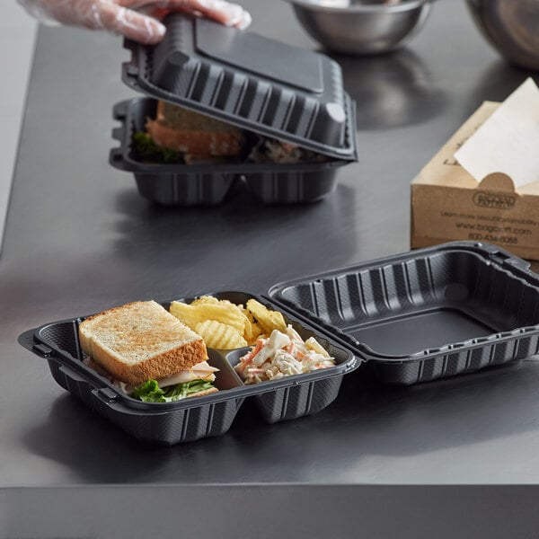 Ecopax 8" x 8" 3-Compartment Microwaveable Black Mineral-Filled Plastic Hinged Take-Out Container - 150/Case