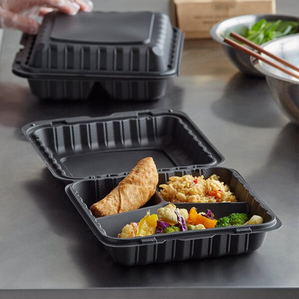 Ecopax 9" x 9" 3-Compartment Microwaveable Black Mineral-Filled Plastic Hinged Take-Out Container - 150/Case