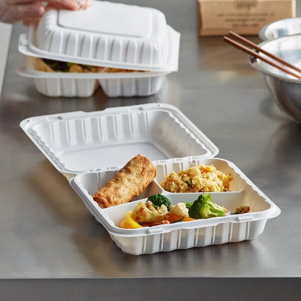 Ecopax 9" x 9" 3-Compartment Microwaveable White Mineral-Filled Plastic Hinged Take-Out Container - 150/Case